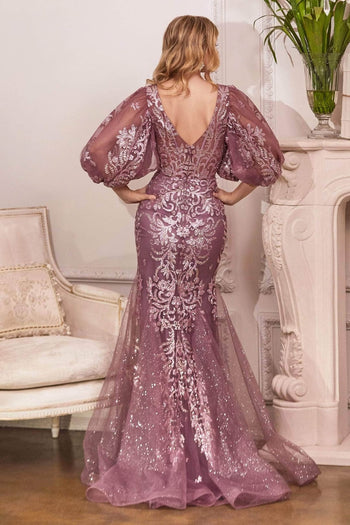 Ladivine OC009 - Glitter Print V-Neck Long Evening Gown - Prom