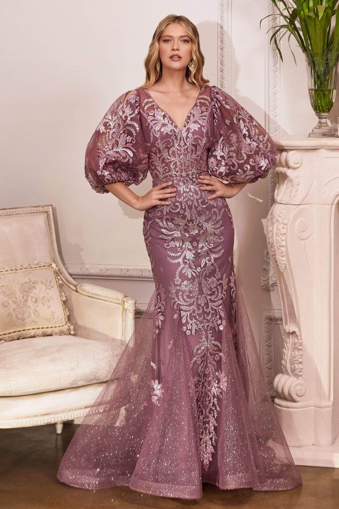 Ladivine OC009 - Glitter Print V-Neck Long Evening Gown - Prom