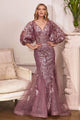 Ladivine OC009 - Glitter Print V-Neck Long Evening Gown - Prom