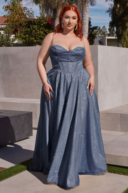 Ladivine Plus Size Prom Dress Glitter Cowl Neck Evening Gown CD252C - Smoky Blue / 18 - Prom