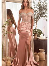 Ladivine Prom Dress Beaded Fringe Slit Long Formal Evening Gown CD821