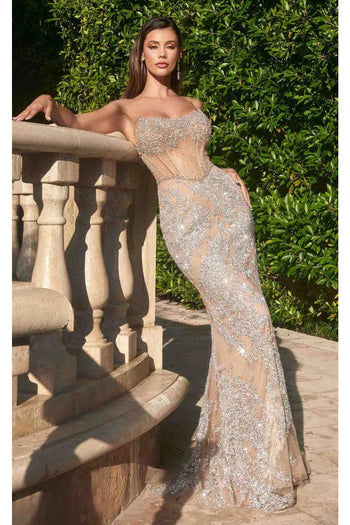 Ladivine Prom Dress Long Formal Evening Gown CZ0025 - Silver-Nude / 2 - Prom