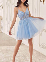 Ladivine SF047 - Jeweled Tulle Cocktail Dress