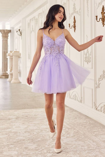 Ladivine SF047 Sleeveless Embellished Lace Glitter Cocktail Dress - LAVENDER / XXS - Dress