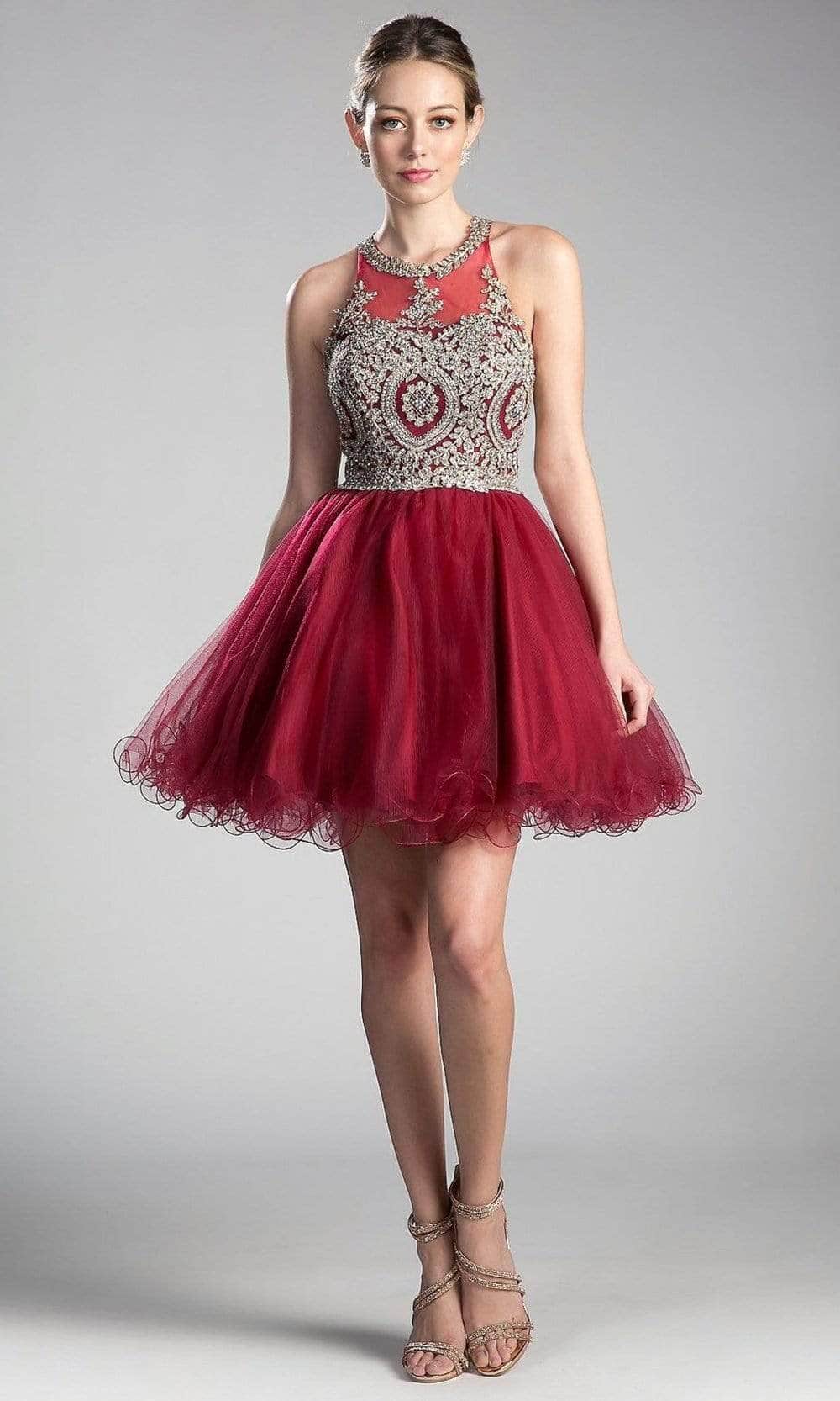 Ladivine UJ0119 - Lace Appliqued Strappy Short Dress - Prom