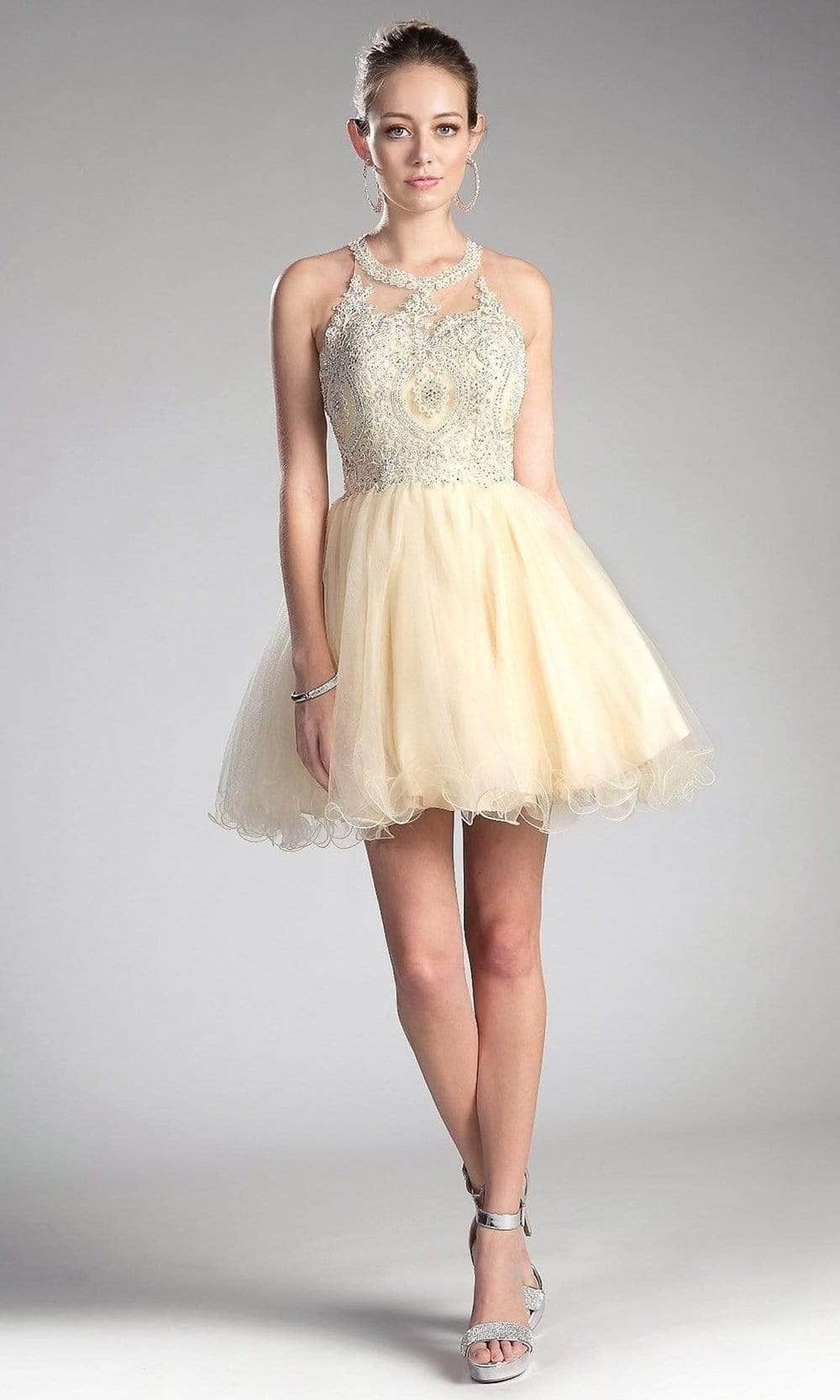 Ladivine UJ0119 - Lace Appliqued Strappy Short Dress - Prom