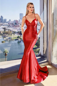 Ladivine Y036 Glitter V-Neck Lace up Corset Mermaid Satin Gown - RED / 4 Dress