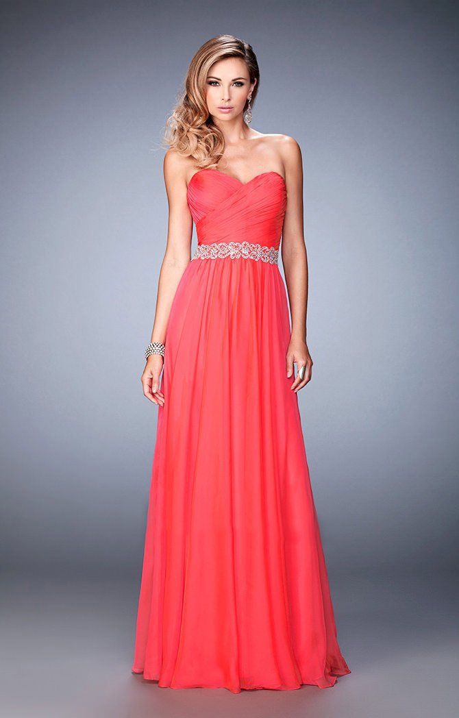 La Femme 22786 Pleated Sweetheart Jeweled Waist A-Line Gown