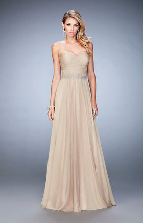 La Femme 22786 Pleated Sweetheart Jeweled Waist A-Line Gown