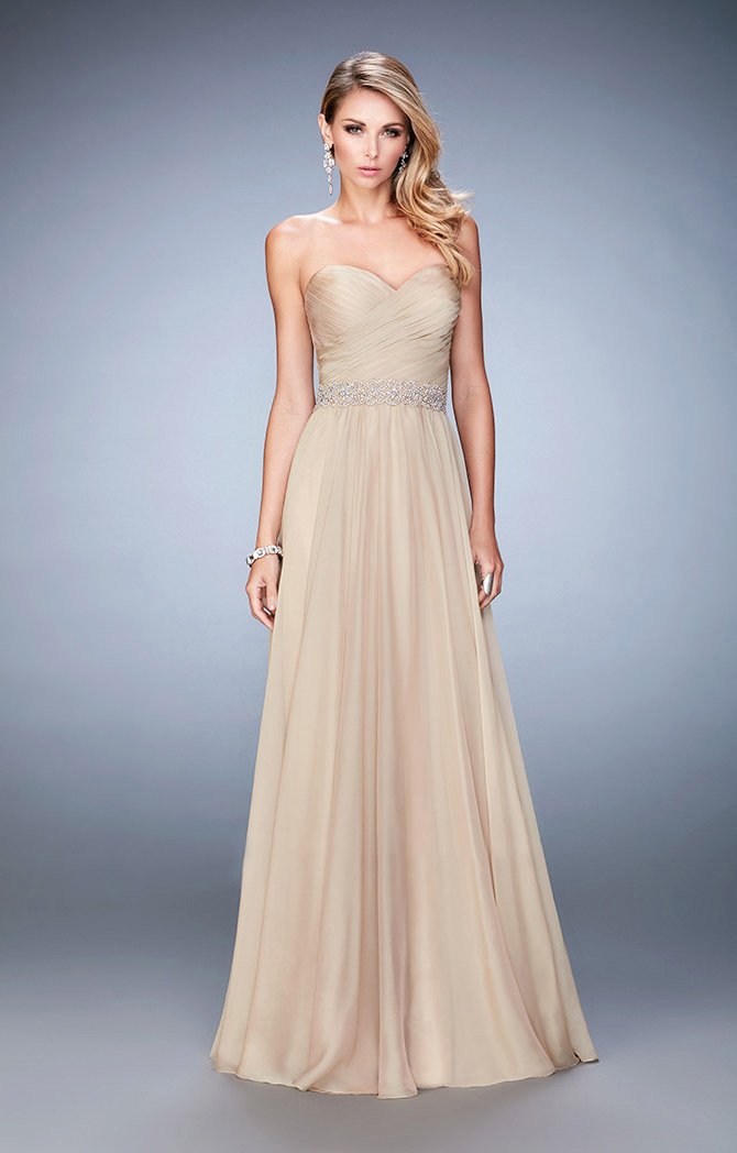 La Femme 22786 Pleated Sweetheart Jeweled Waist A-Line Gown