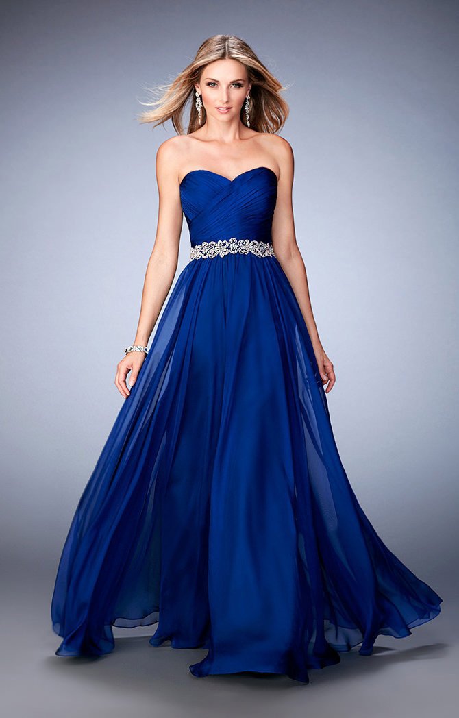 La Femme 22786 Pleated Sweetheart Jeweled Waist A-Line Gown