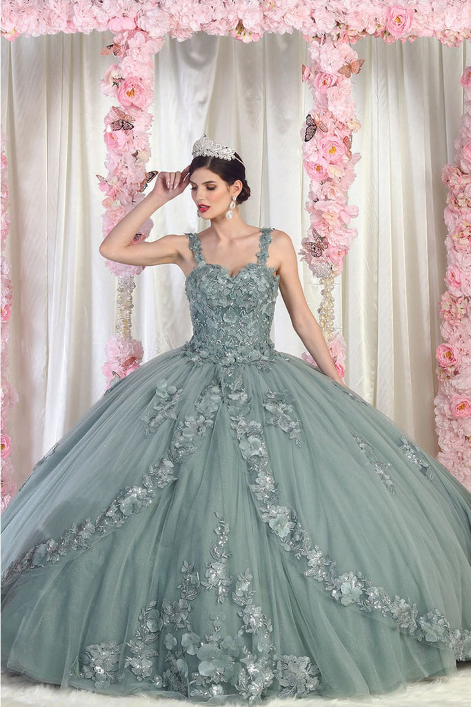 Laya K LK159 Sleeveless Glitter Floral Ball Quinceanera Gown - SAGE / 4 - Dress