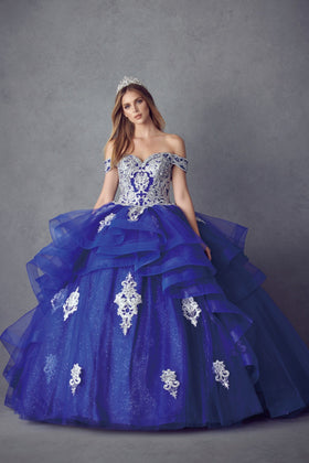 Juliet 1432 Layered Off Shoulder Metallic Embroidered Glitter Quinceanera Dress