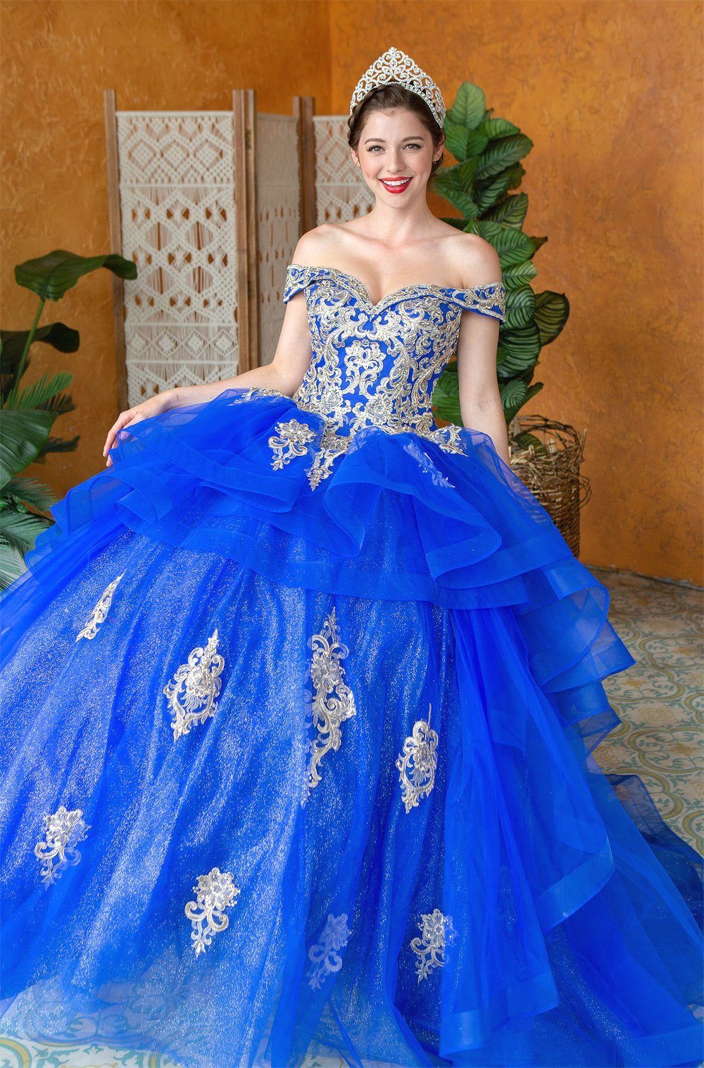 Layered Off-Shoulder Glitter Quinceañera Dress by Calla KY018383