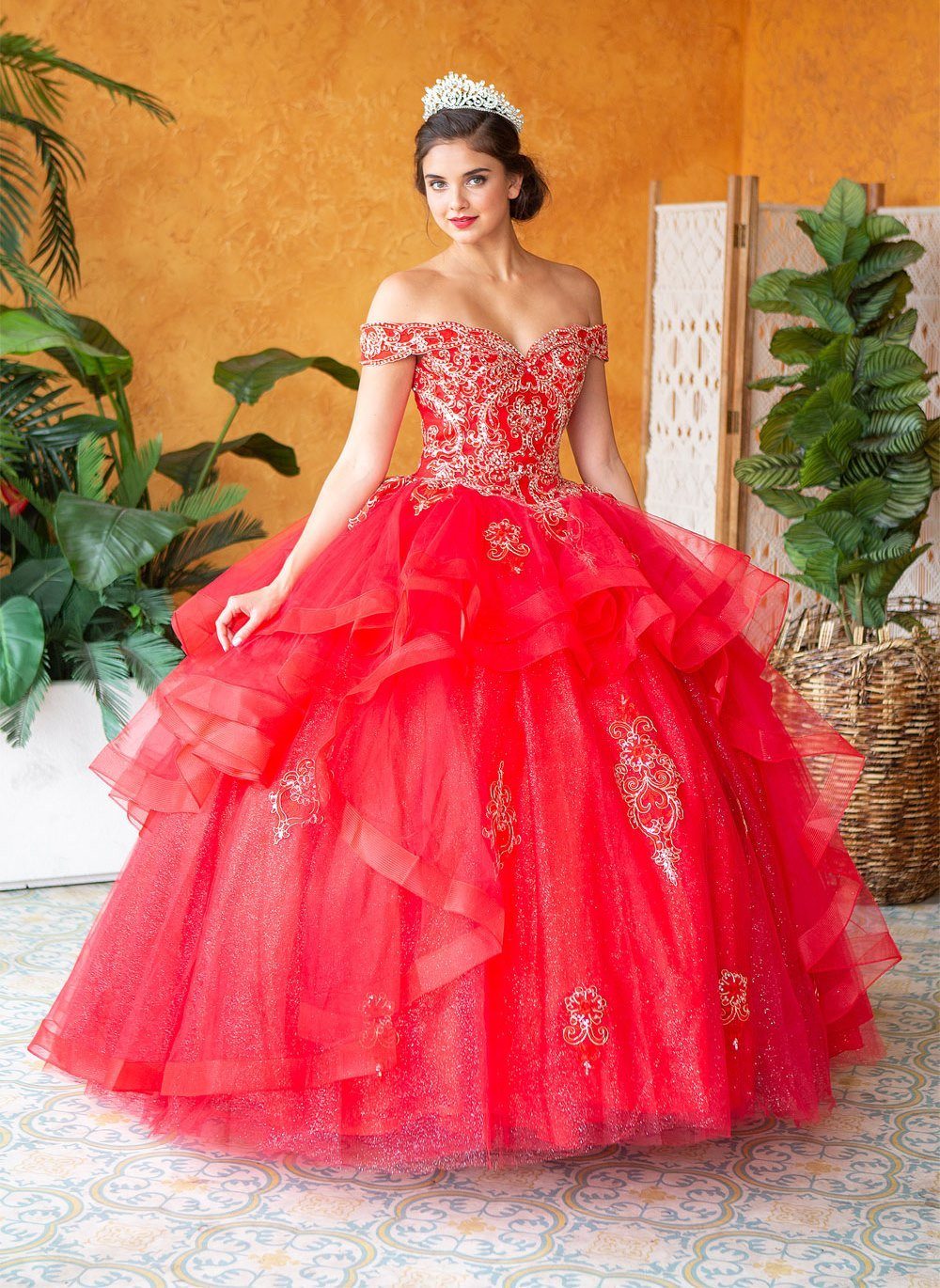Layered Off-Shoulder Glitter Quinceañera Dress by Calla KY018383