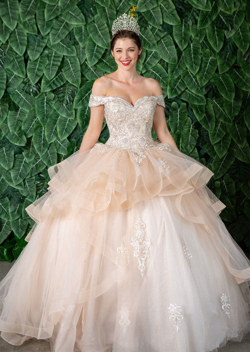 Layered Off-Shoulder Glitter Quinceañera Dress by Calla KY018383