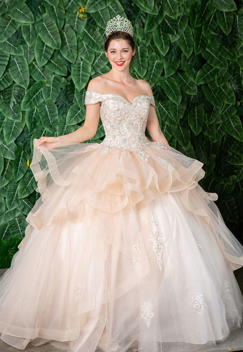 Layered Off-Shoulder Glitter Quinceañera Dress by Calla KY018383