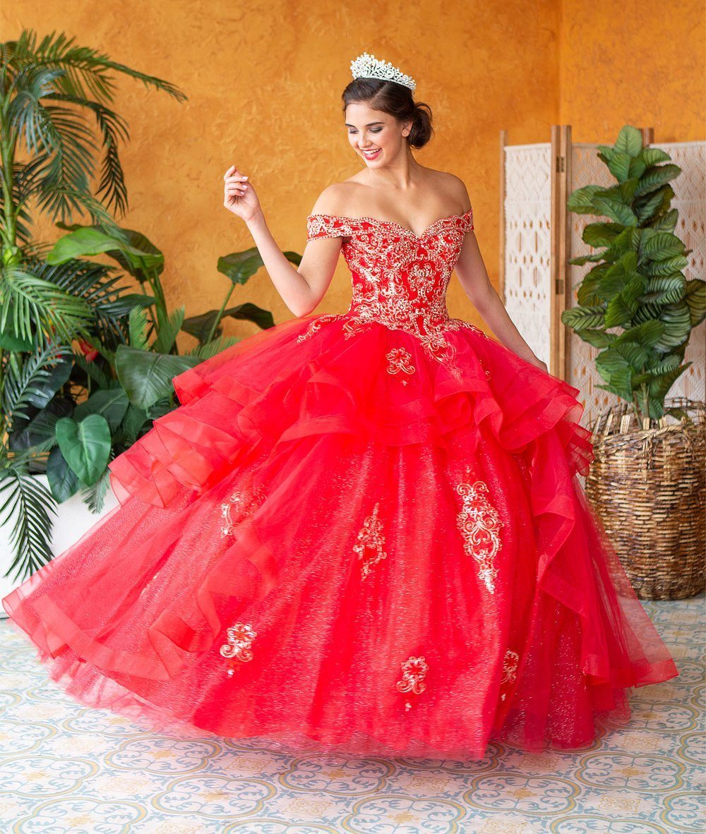 Layered Off-Shoulder Glitter Quinceañera Dress by Calla KY018383