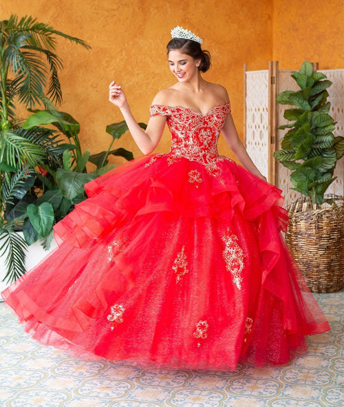 Layered Off-Shoulder Glitter Quinceañera Dress by Calla KY018383