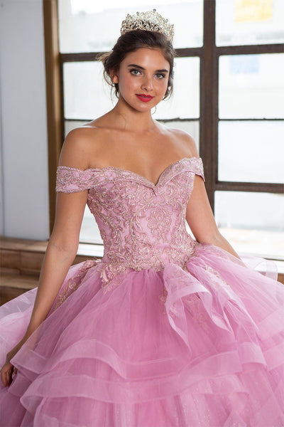 Layered Off-Shoulder Glitter Quinceañera Dress by Calla KY018383