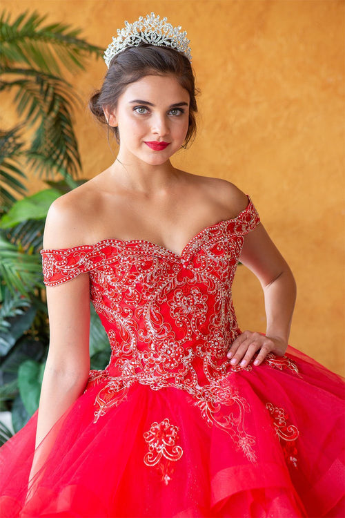 Layered Off-Shoulder Glitter Quinceañera Dress by Calla KY018383