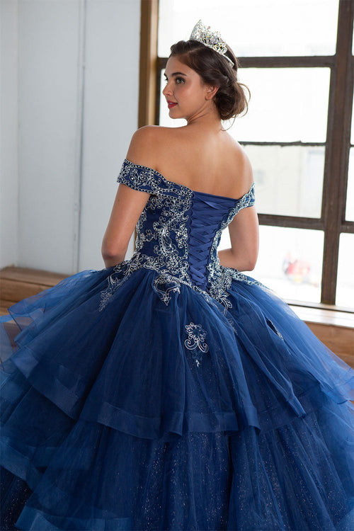 Layered Off-Shoulder Glitter Quinceañera Dress by Calla KY018383