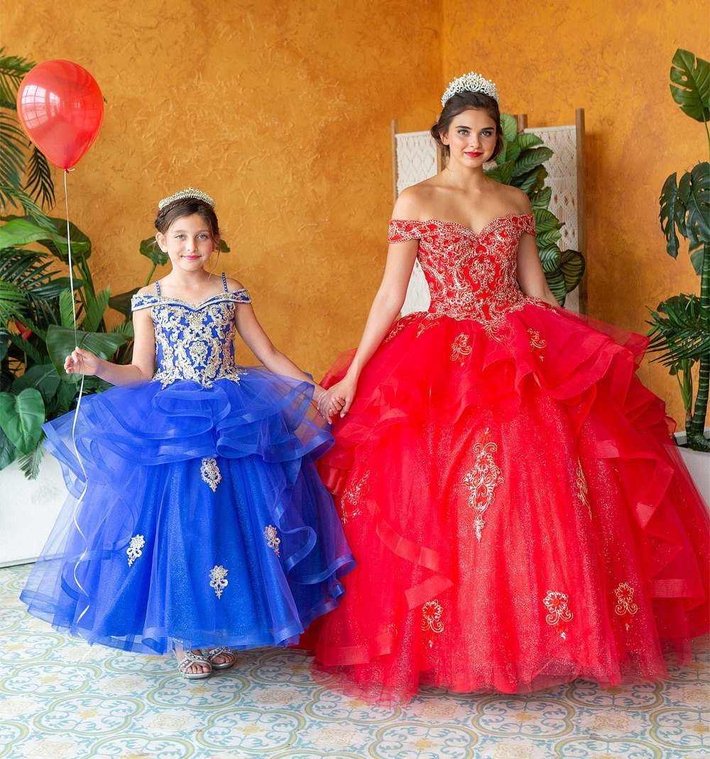 Layered Off-Shoulder Glitter Quinceañera Dress by Calla KY018383