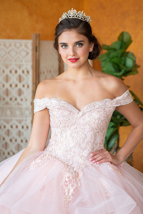 Layered Off-Shoulder Glitter Quinceañera Dress by Calla KY018383