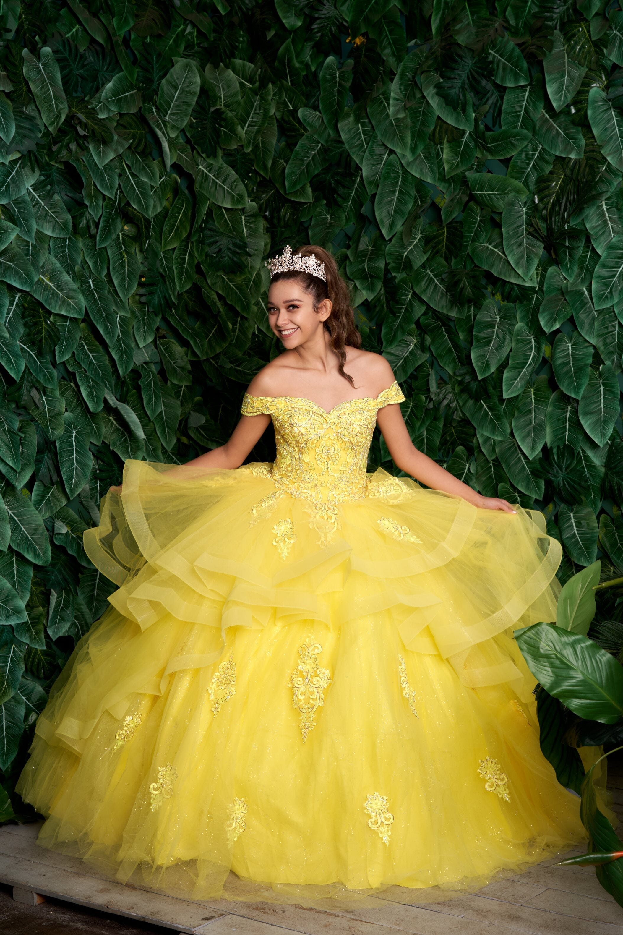 Layered Off-Shoulder Glitter Quinceañera Dress by Calla KY018383