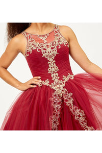 Sleeveless Embroidered Ball Gown - Burgundy/Gold / 4