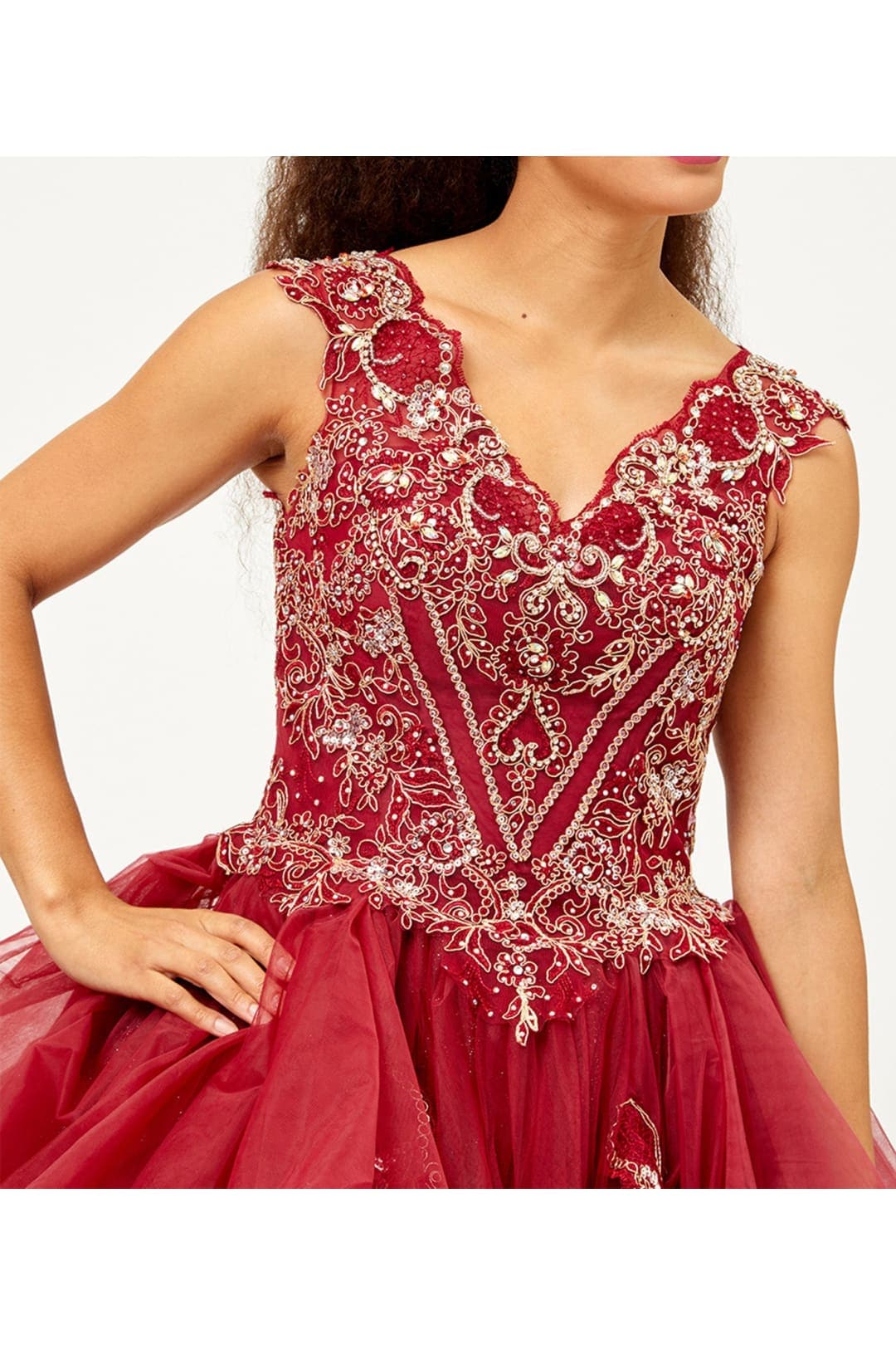Layla K LK118 Sleeveless Corset Embellished V Neckline Ball Gown - Burgundy / 4