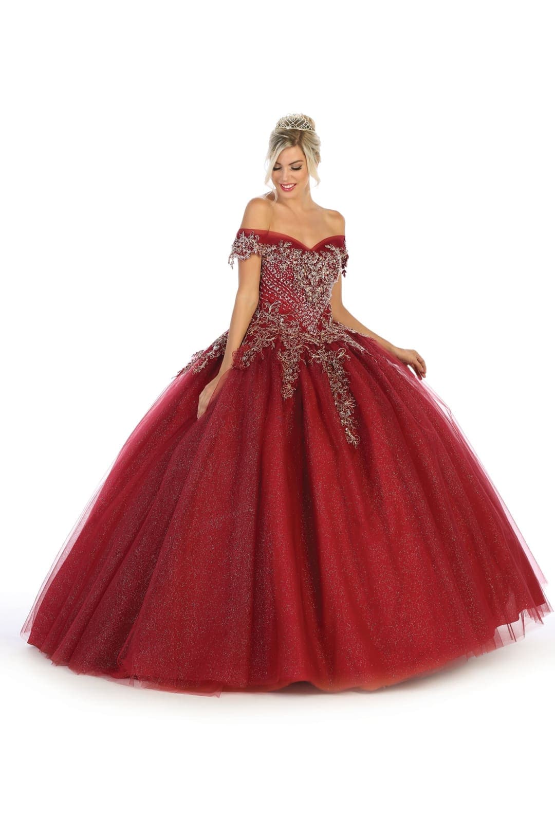 Layla K LK119 Beaded Glitter Off The Shoulder Quinceañera Ball Gown - BURGUNDY / 6 - Dress