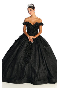 Off Shoulder Floral Quinceanera Ball Gown - Black / 4