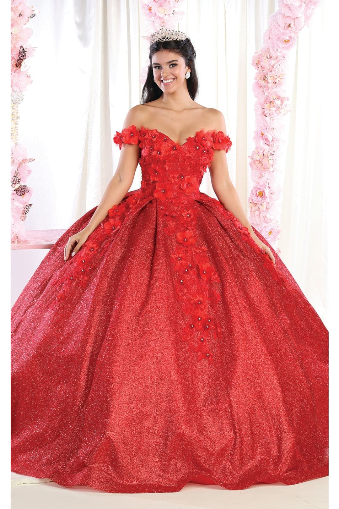 Off Shoulder Floral Quinceanera Ball Gown - Red / 6