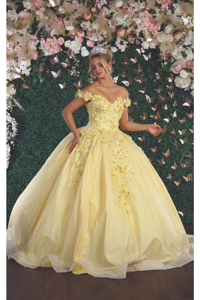 Off Shoulder Floral Quinceanera Ball Gown - YELLOW / 4