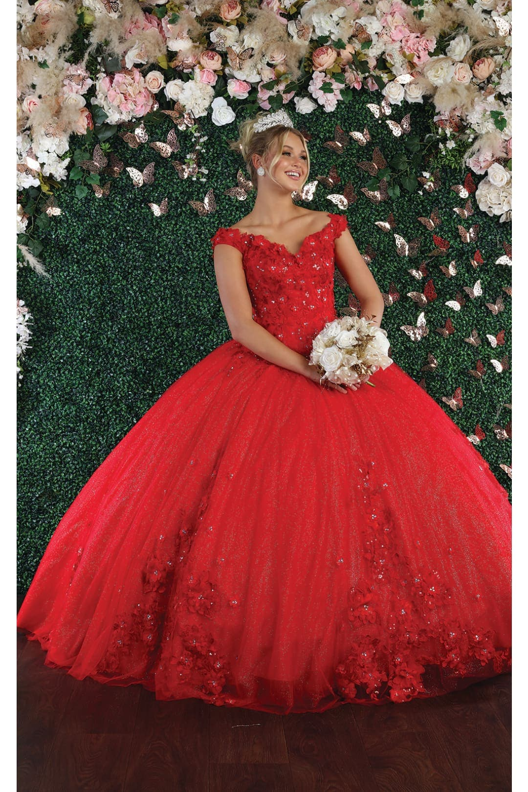 16th birthday party dresses Layla K LK160 Floral Embroidered Glitter Sweet 16 Quince Ball Gown RED / 12