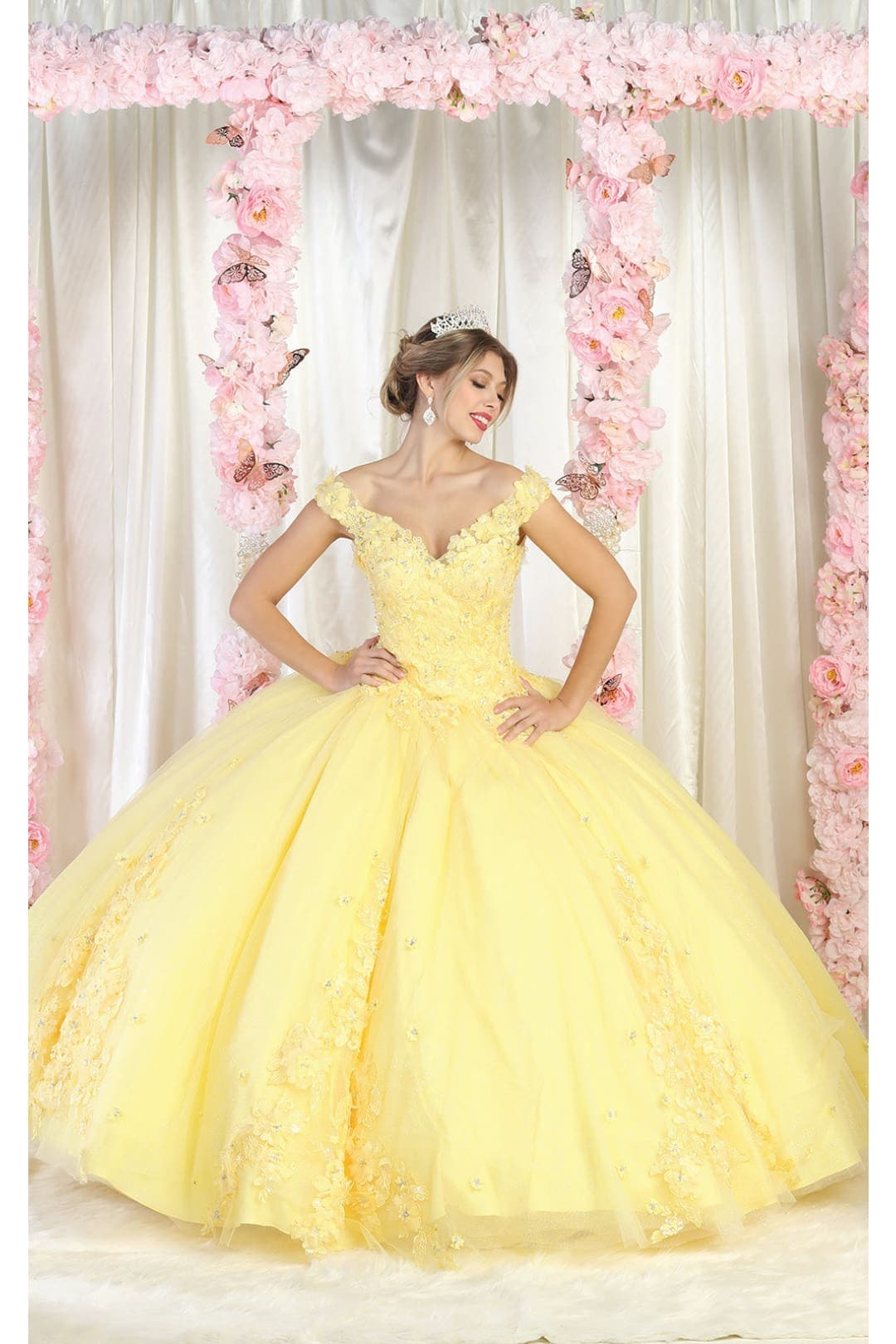 white christmas dresses Charming Yellow Off-the-Shoulder Ball Gown Embroidered Sleeves Cape –  American Stride main image 1