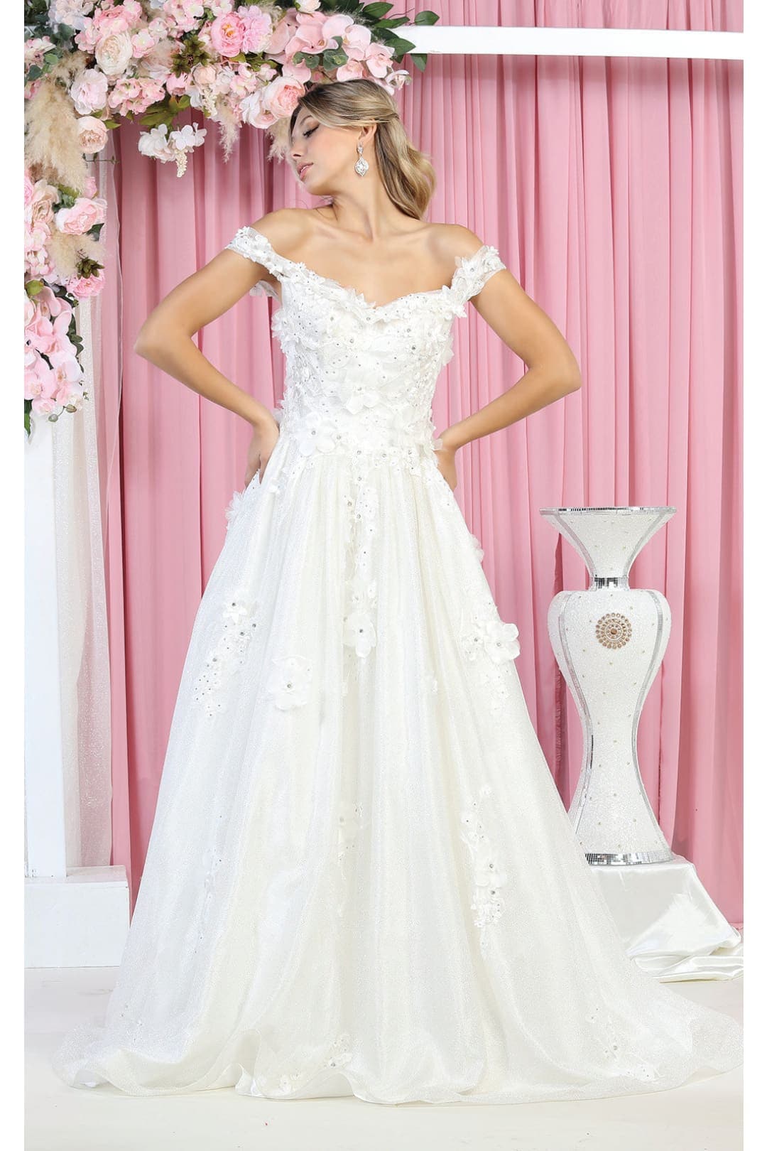 Layla K LK161B Off The Shoulder Glitter Ivory Wedding Gown - IVORY / 4