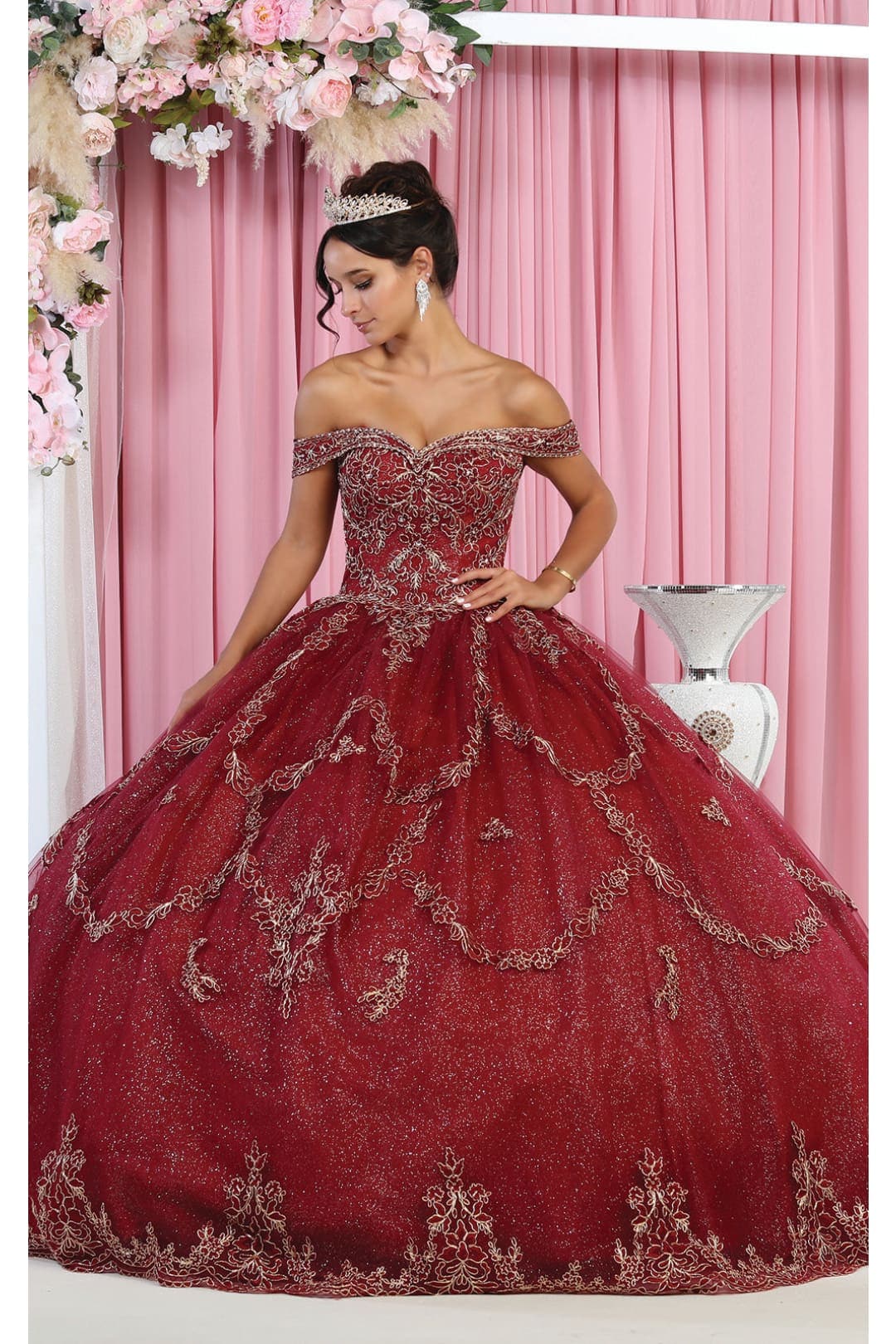 Layla K LK170 Off Shoulder Embellished Embroidered Quince Ball Gown - BURGUNDY / 4 - Dress