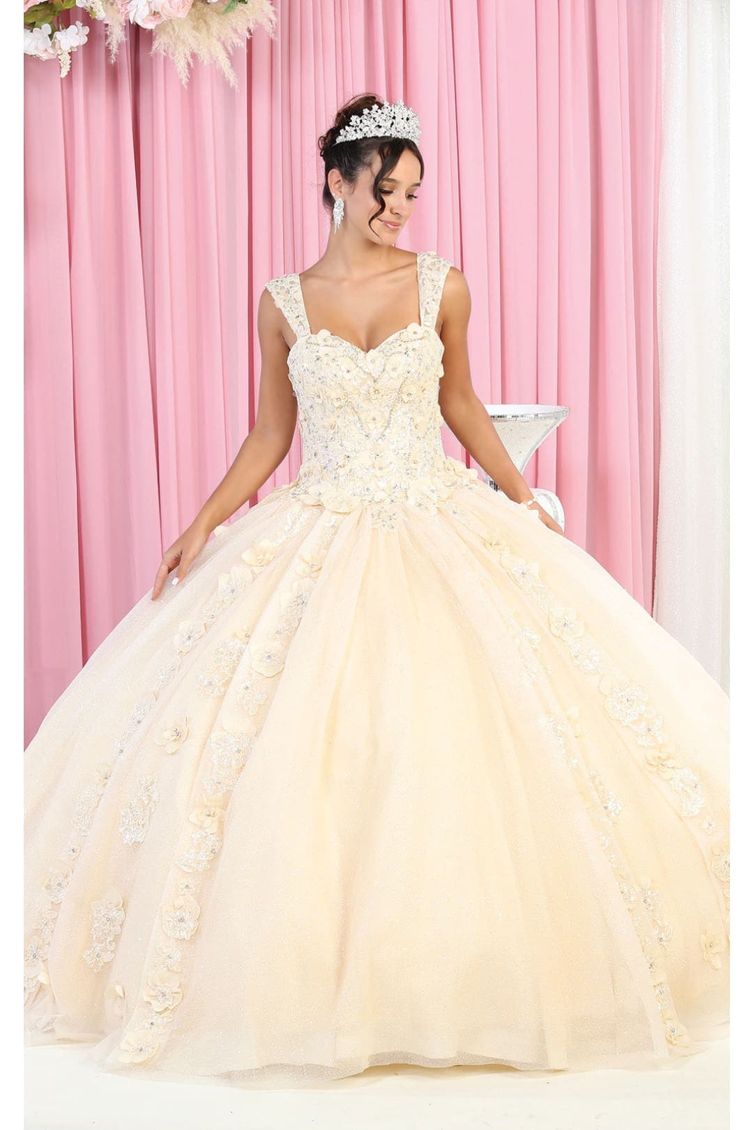 Layla K LK171 Corset Sleeveless Glitter Ball Quince Dress - CHAMPAGNE / 4