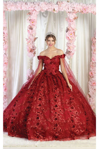 Layla K LK184 Cape Floral Quinceanera Ball Gown - BURGUNDY / 2