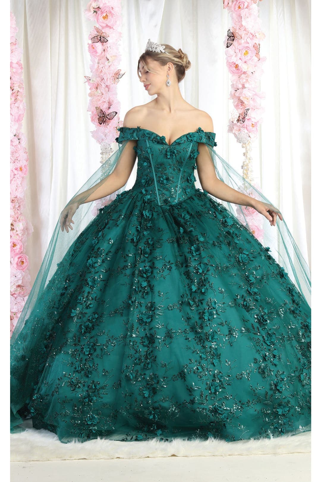 Layla K LK184 Cape Floral Quinceanera Ball Gown - HUNTER GREEN / 2