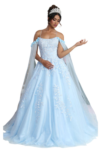 Layla K LK191 Strappy Back Cape Sleeves Beauty Pageant Ball Gown - Dress