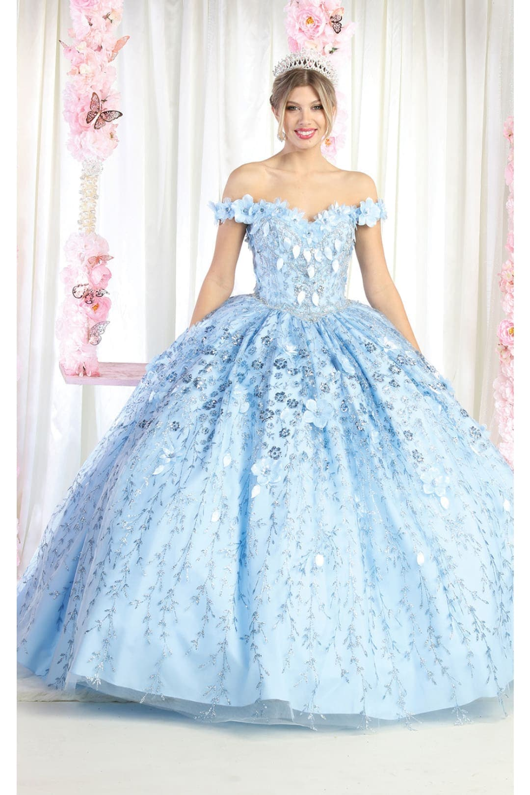 blue sweet sixteen dresses Dusty Quinceanera Dress 3D Floral Applique Off Shoulder 16 With Bow V neck quinceanera dress with baded bodice and striped organza skirt Sky Blue Quinceanera Dresses with