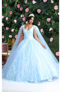 Layla K LK193 3D Floral Applique Cape Sleeves Corset Quince Ball Gown - BABY BLUE / 4
