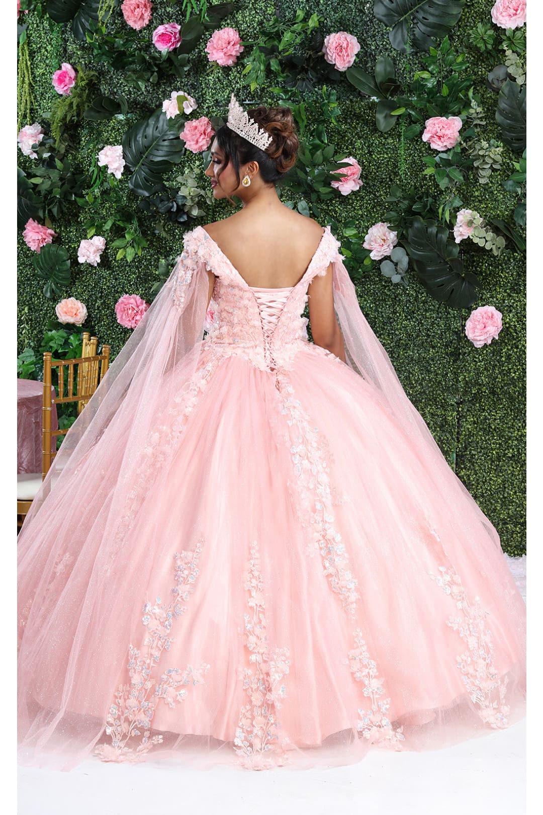 Layla K LK193 3D Floral Applique Cape Sleeves Corset Quince Ball Gown