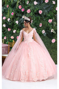 Layla K LK193 3D Floral Applique Cape Sleeves Corset Quince Ball Gown - ROSE GOLD / 4