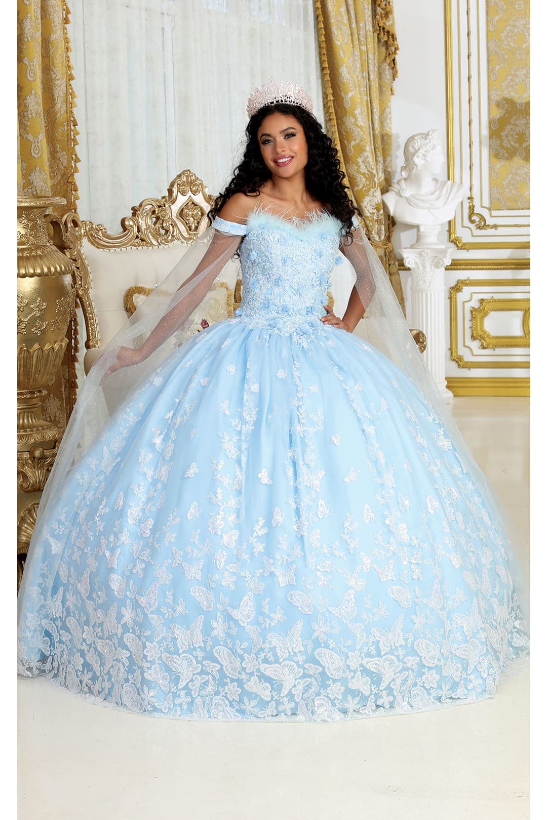 Layla K LK197 Glitter Buterfly Applique Cape Sleeves Quinceanera Gown - BABY BLUE / 4 - Dress
