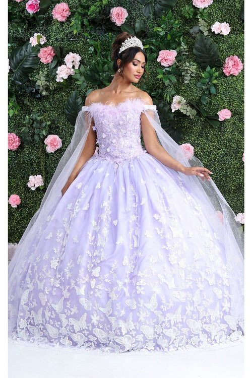 Layla K LK197 Glitter Buterfly Applique Cape Sleeves Quinceanera Gown - LILAC / 4 - Dress