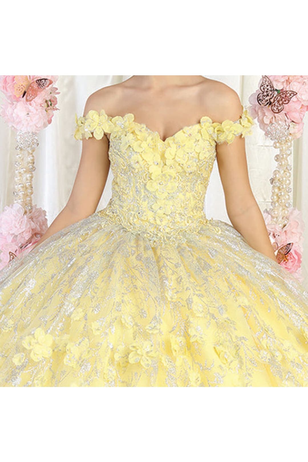 pastel yellow quince dress Quinceanera Collection 26032 - Long Sequin Lace/Glitter Tulle Ballgown